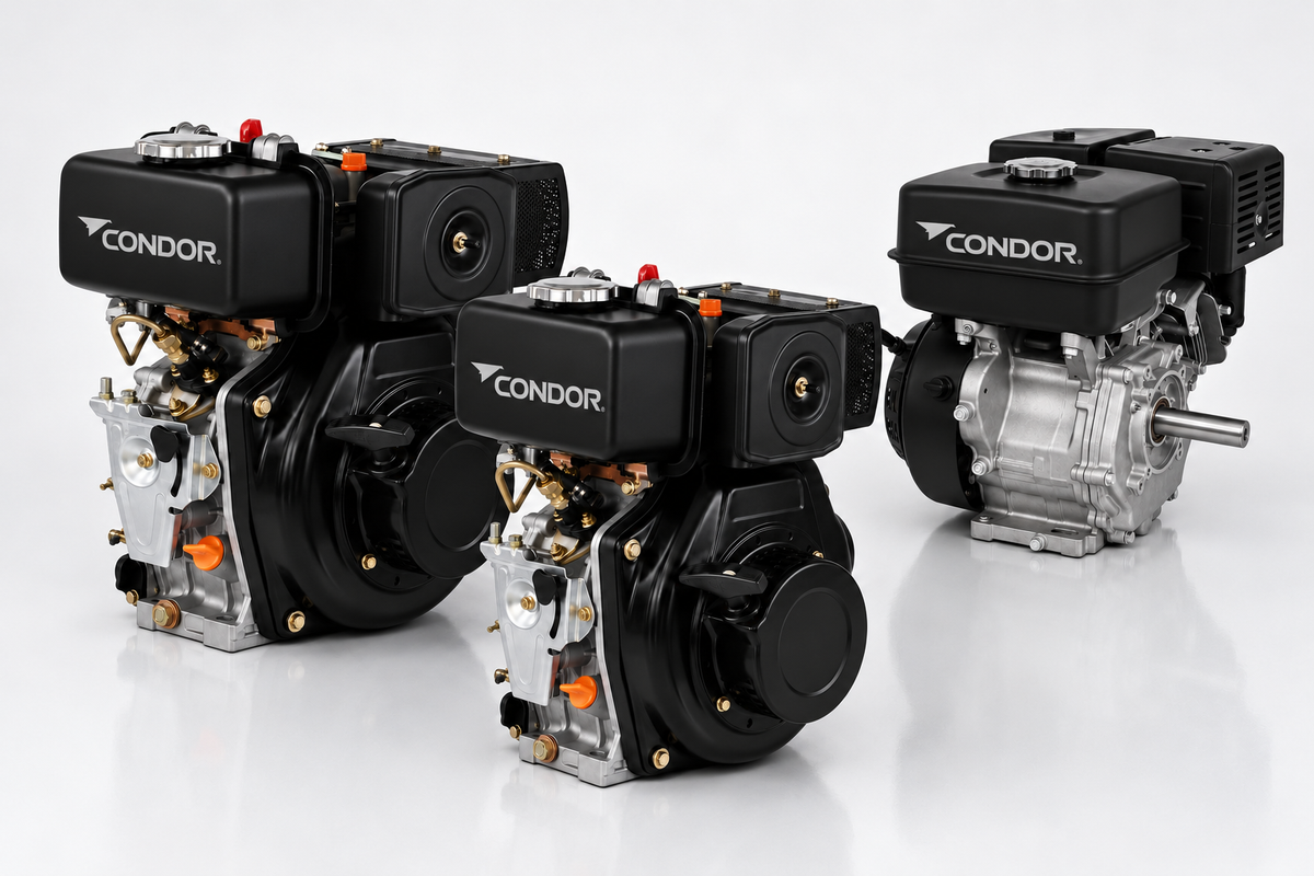 Three Condor branded engines with black fuel tanks