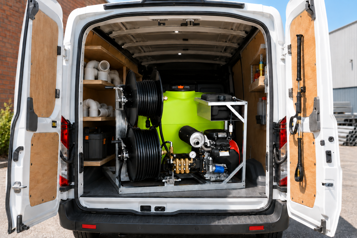 Van-mounted pressure washing unit with green main tank and matte black auxiliary fuel tank