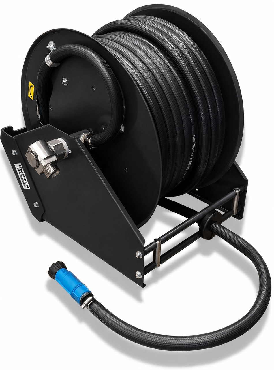Ketta Auto A4 retractable hose reel with black wash-down hose and nozzle - all options