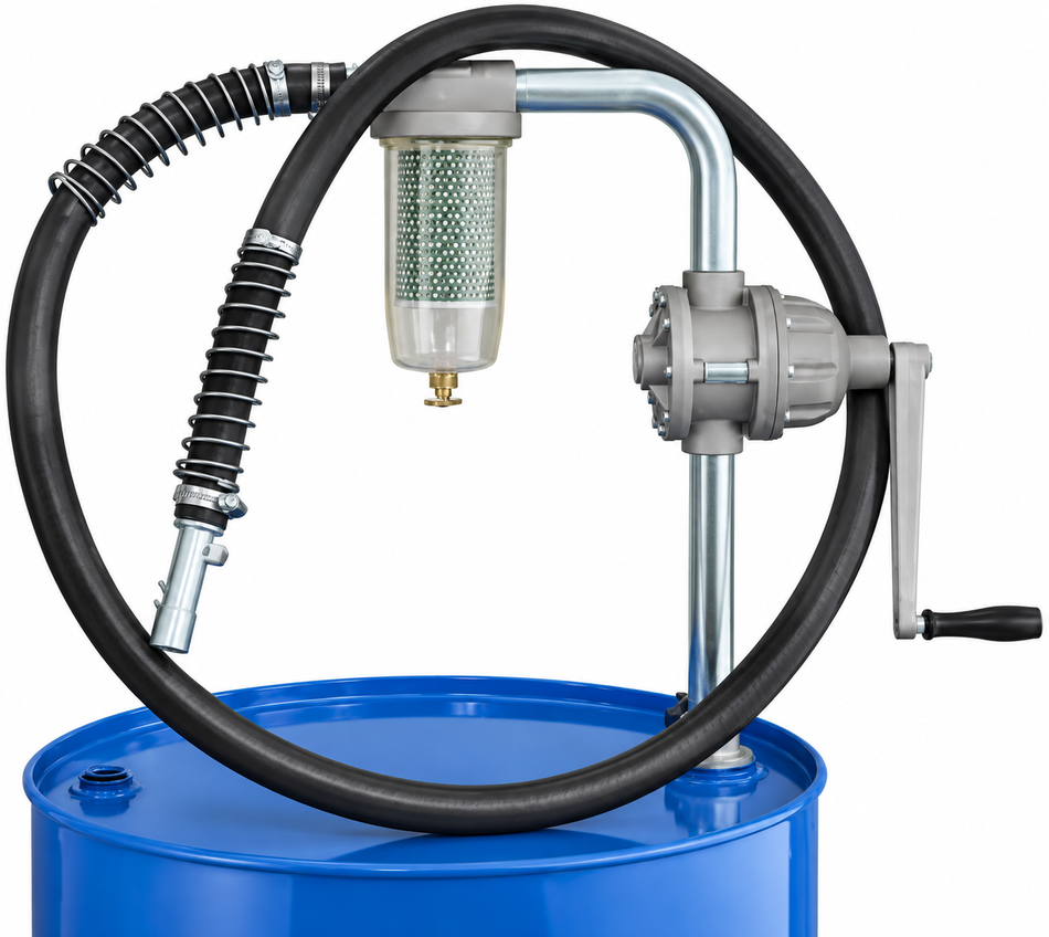 Ketta Big 100 rotary drum pump and filter for petrol, diesel and light oils with 2 m x 25 mm (1 inch) rubber hose 100 lpm