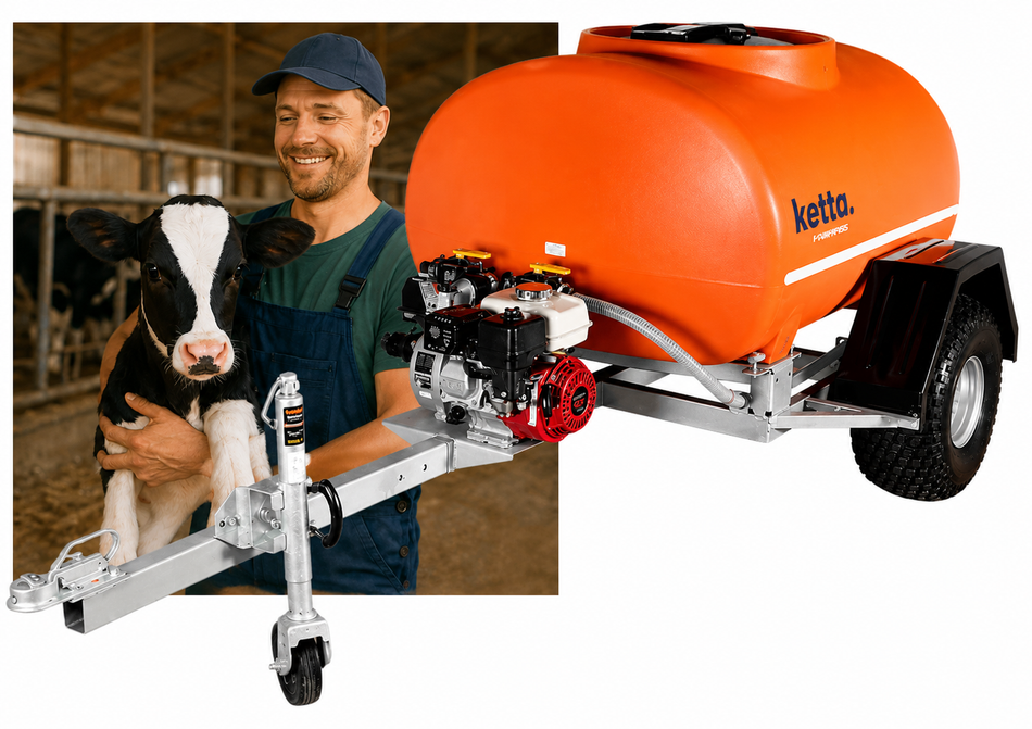 Ketta TDS Calf 5500 milk trailer 600 litre with CR120 flow meter and Honda GX120 (manual start) aluminium pump