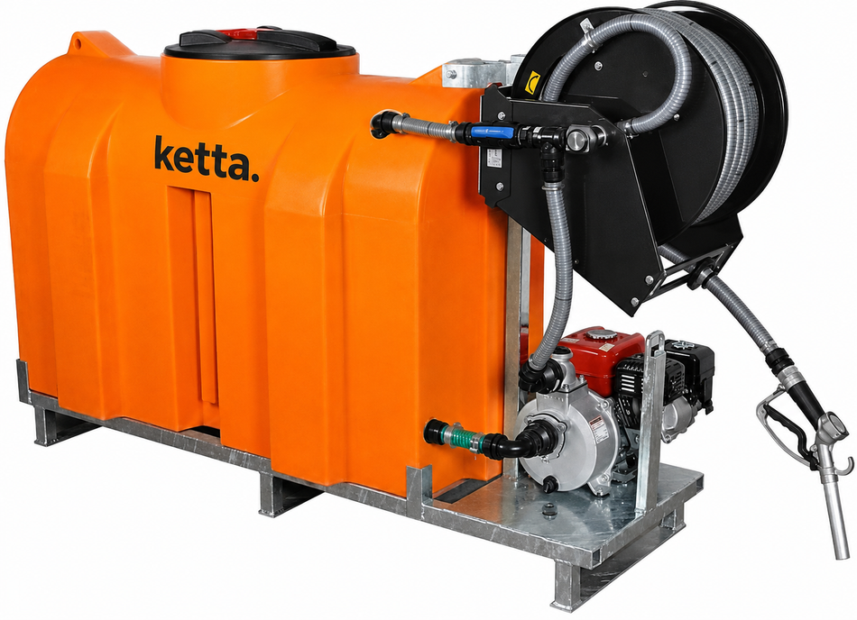 Ketta 550 litre Slimline Tank liquid dispensing kit with forklift skid and 20 m retractable reel