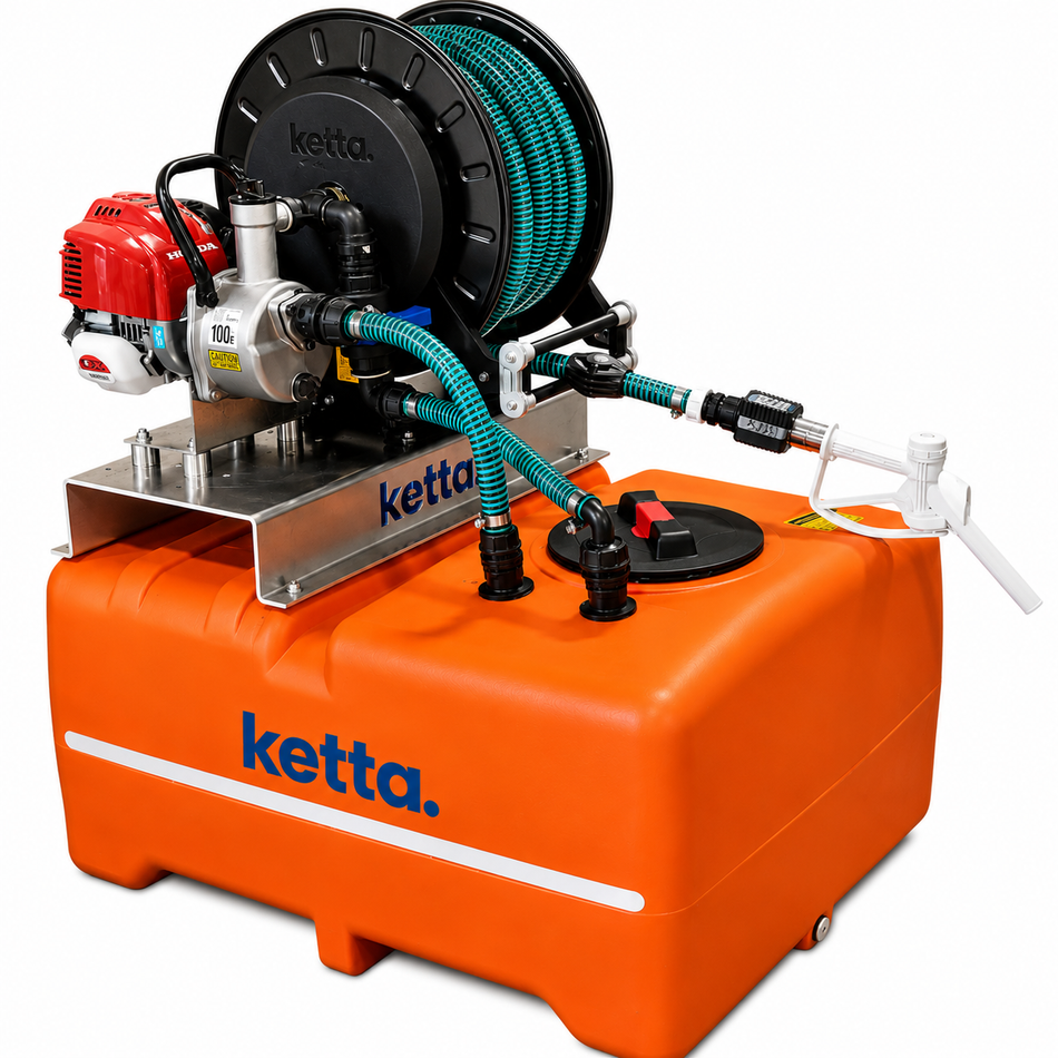 Ketta TDS 220 litre Tank Delivery System for liquid mixing and dispensing Honda 1 inch pump hose reel and nozzle