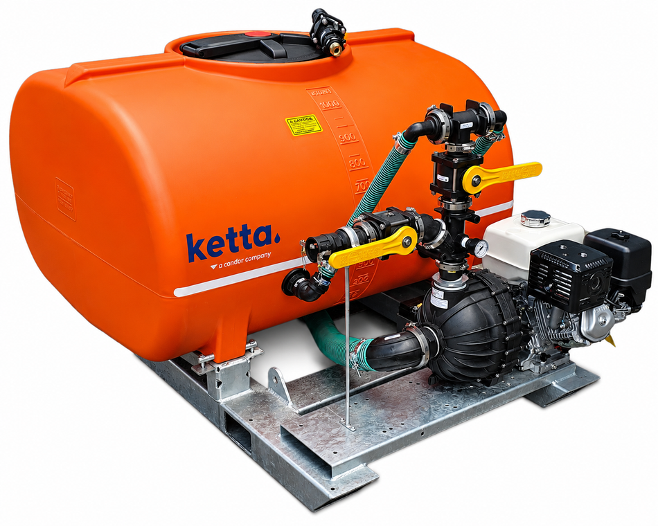 Ketta HD1000 series Hydro-seeder 1000 litre with galv skid frame Hypro 3 inch pump Honda GX390 11 hp and twin bypass tank agitation system