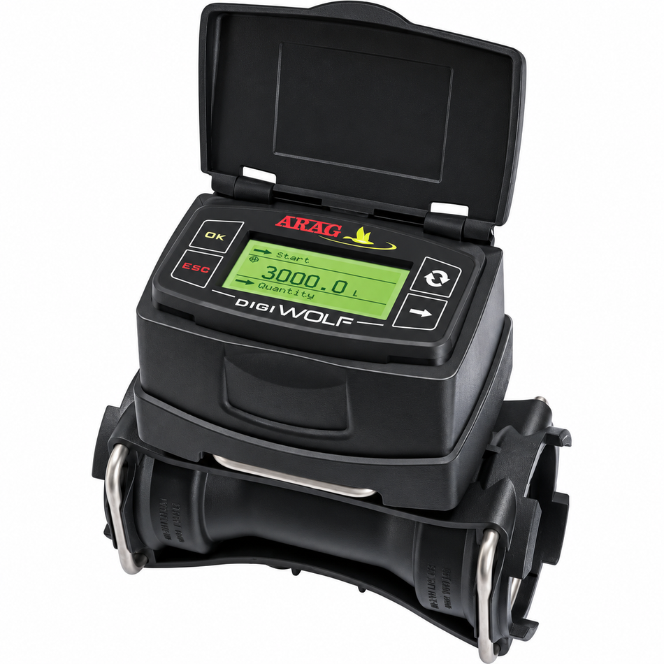 Arag DigiWolf 462 series digital flow meter includes 2 x AA batteries and BSP(M) fittings kit - all sizes